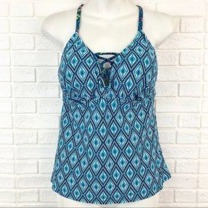 Coastal Blue lace up front tribal blue tankini top